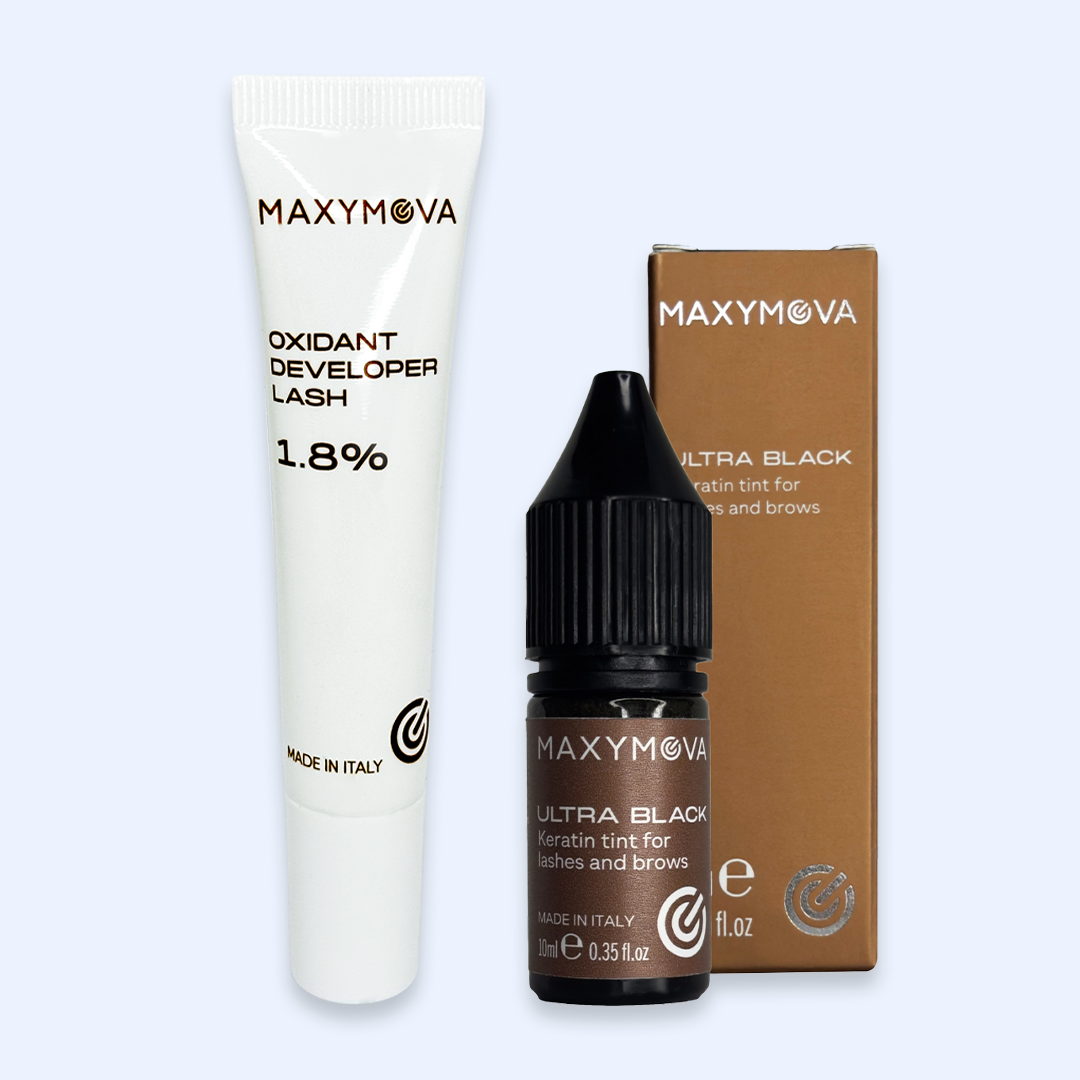 Componentes do kit Maxymova Ultra Black Keratin com tinta de 10 ml e oxidante Lash 1,8%