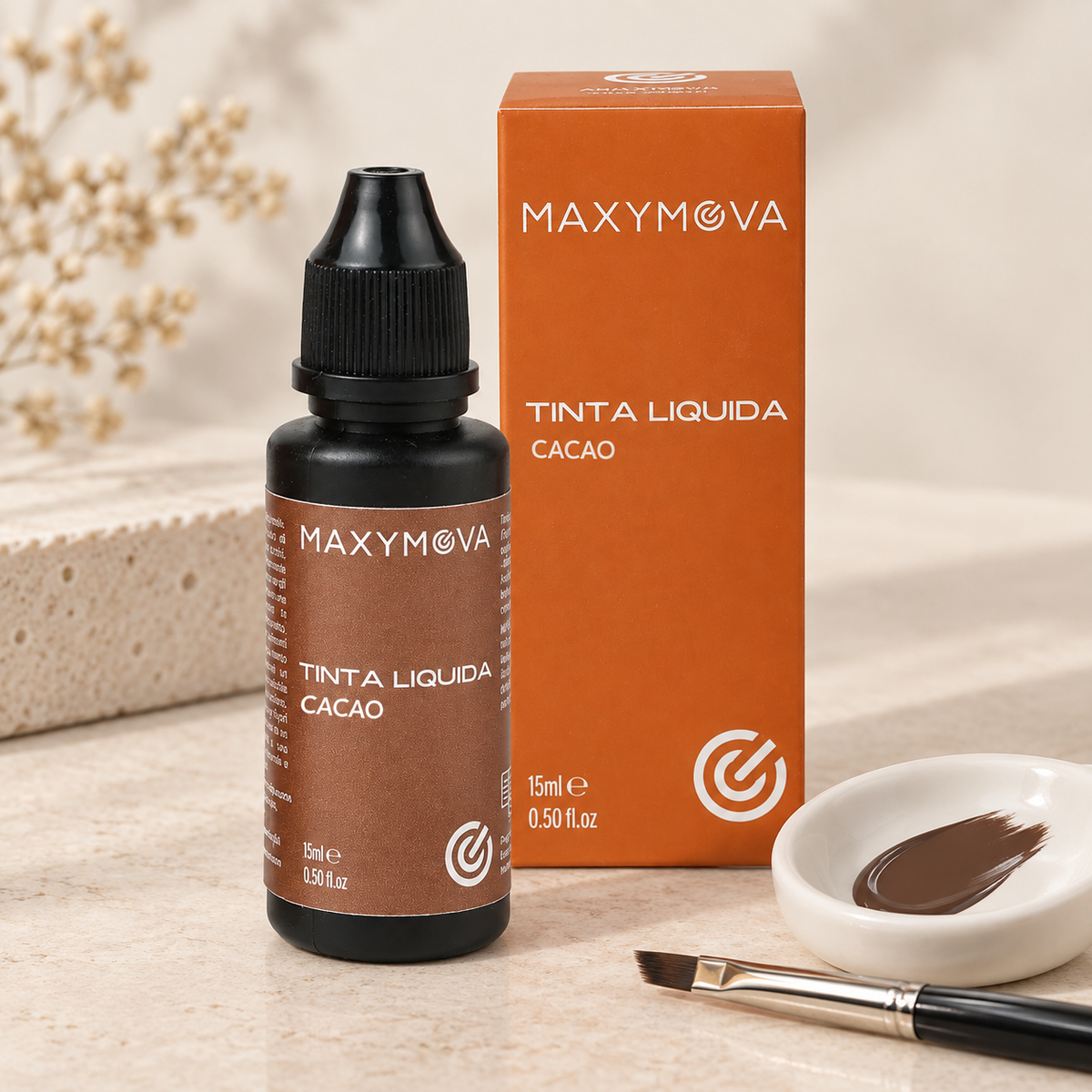 Tinta Líquida Maxymova Cacao apresentada com o tom castanho escuro frio num posto profissional