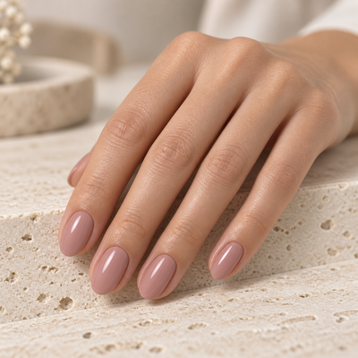 Resultado de manicure com Bottle Gel 24 Nails Of The Day em tom nude rosa acastanhado