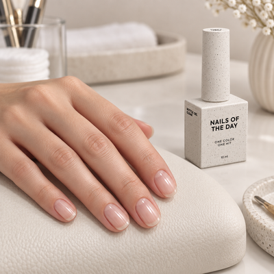 Bottle Gel Clear Nails Of The Day junto a unhas naturais reforçadas com acabamento transparente