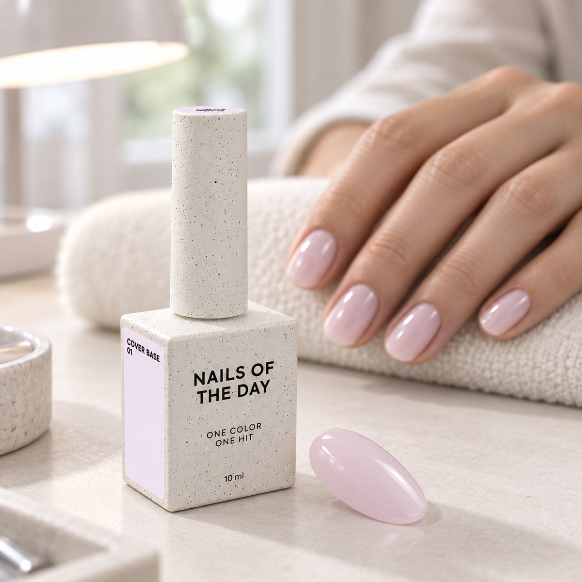 Cover Base 01 Nails Of The Day 10 ml apresentada num ambiente profissional de manicure com amostra em tom rosa claro
