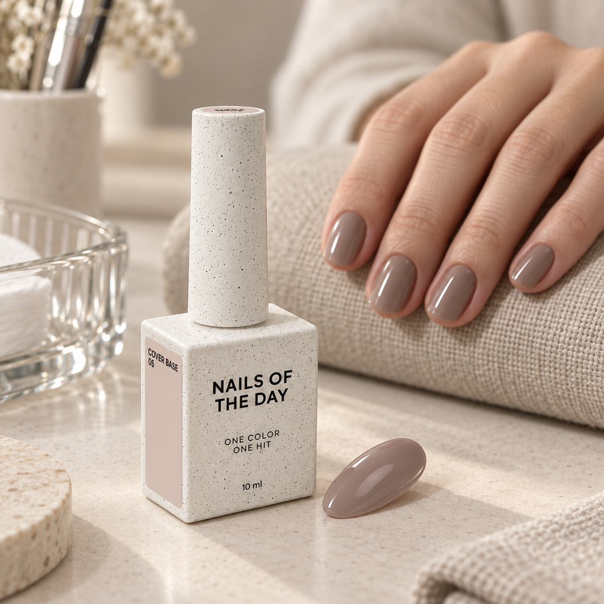 Cover Base 05 Nails Of The Day 10 ml apresentada num ambiente profissional de manicure com amostra em tom caramelo frio