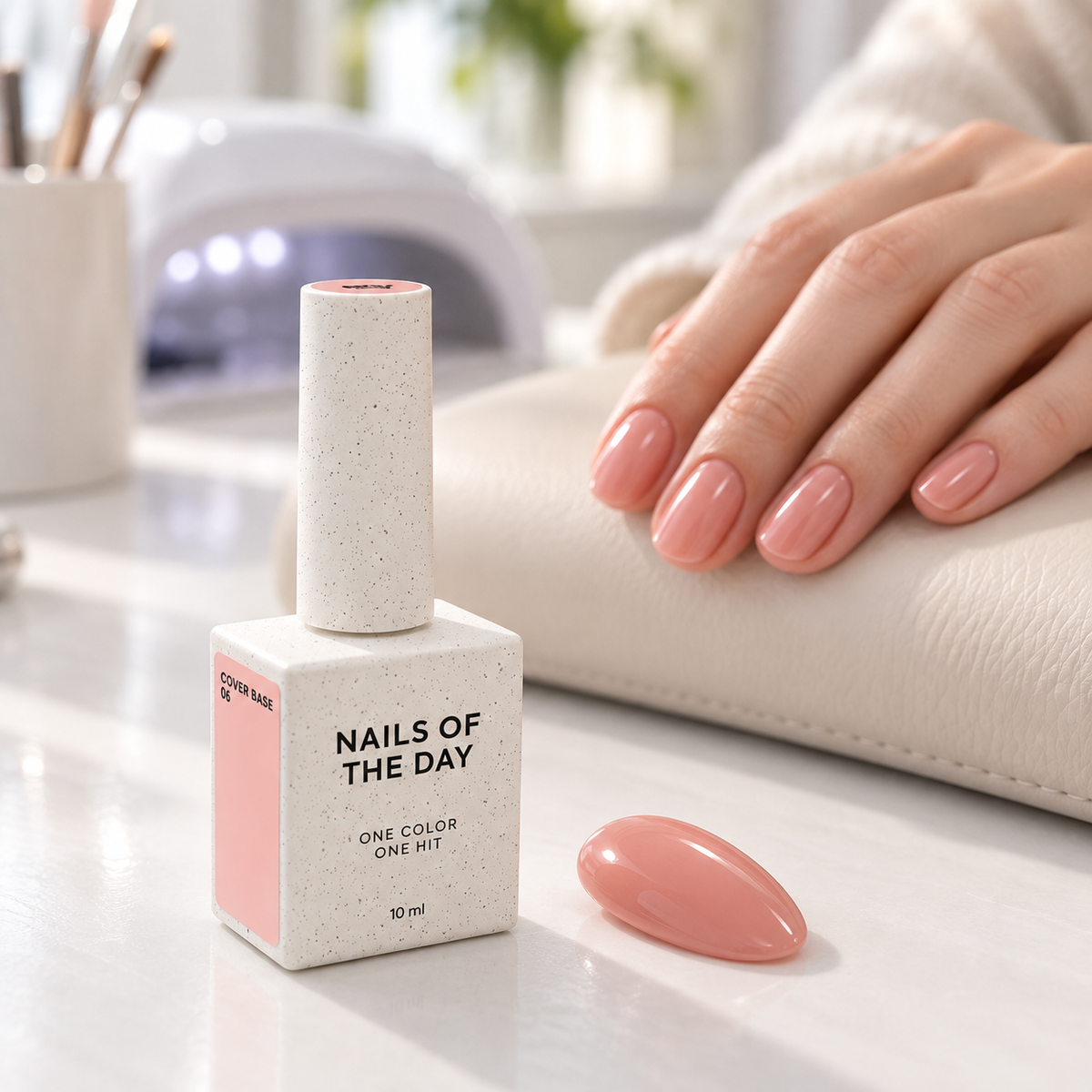 Cover Base 06 Nails Of The Day 10 ml apresentada num ambiente profissional de manicure com amostra em tom pêssego nude