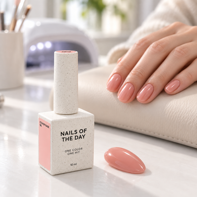 Cover Base 06 Nails Of The Day 10 ml apresentada num ambiente profissional de manicure com amostra em tom pêssego nude
