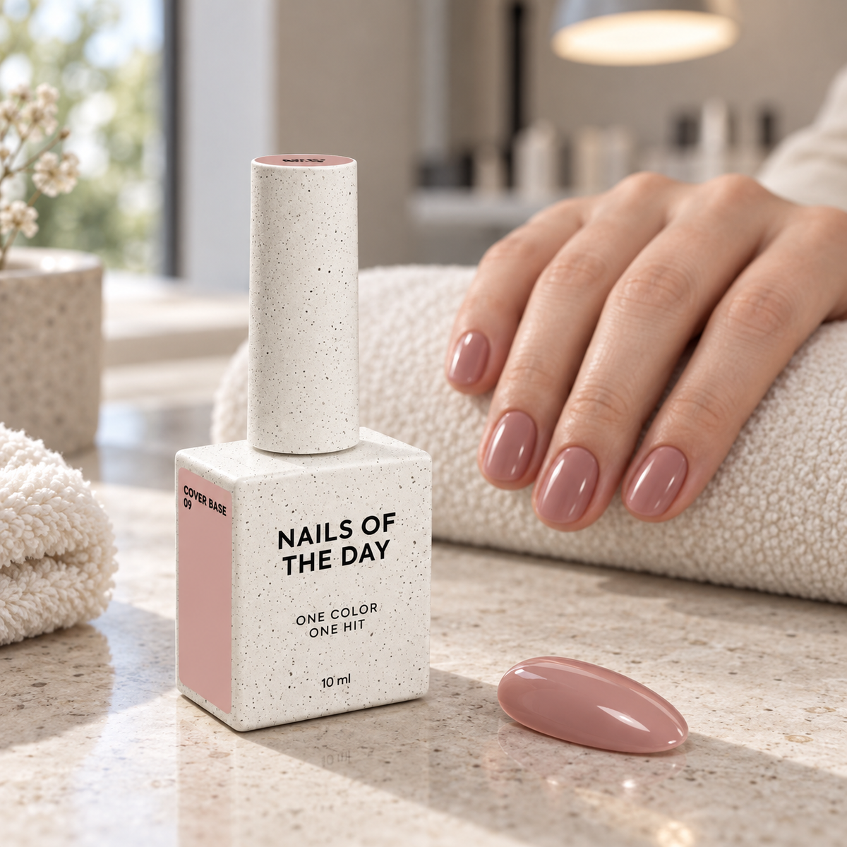 Cover Base 09 Nails Of The Day 10 ml apresentada num ambiente profissional de manicure com amostra em tom nude neutro