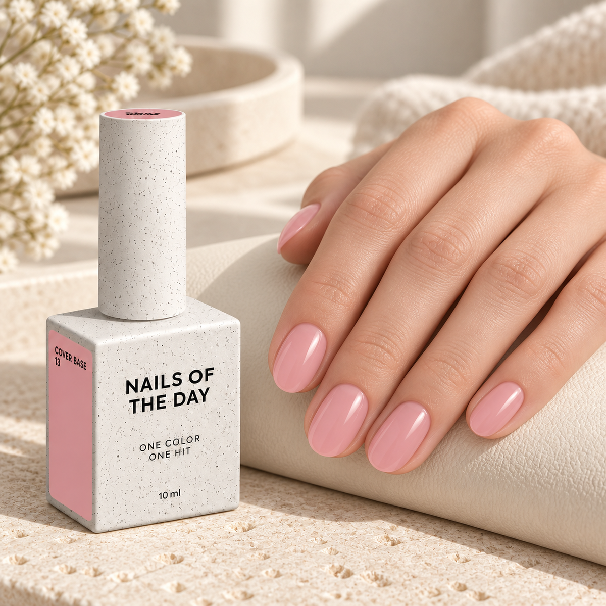 Resultado de manicure com Cover Base 13 Nails Of The Day em tom rosa-nude natural