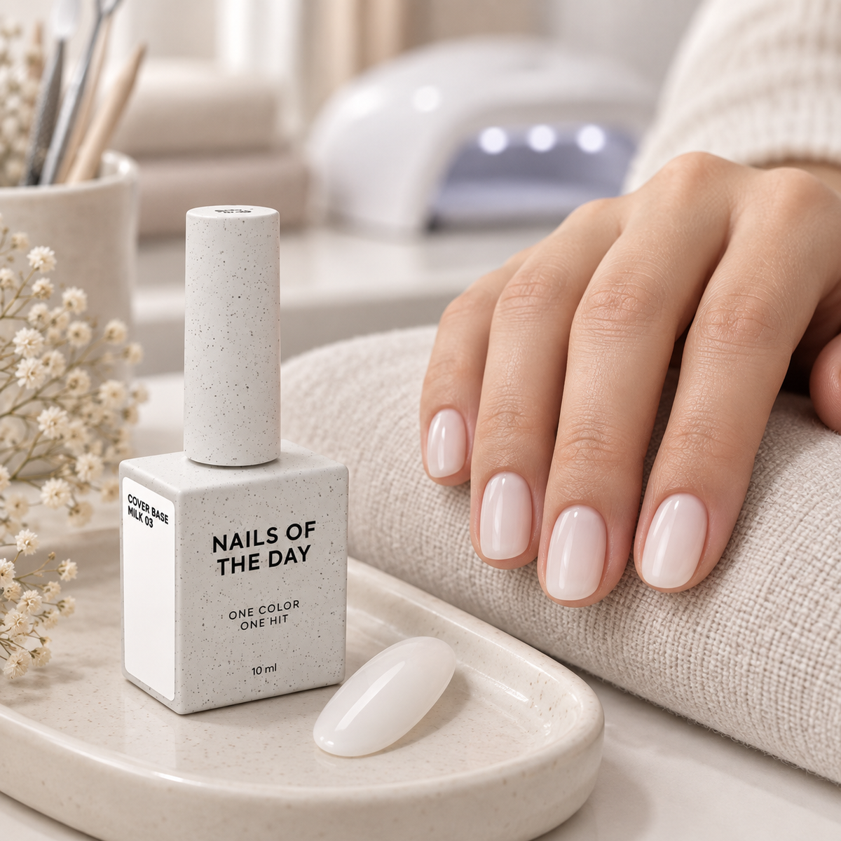 Cover Base Milk 03 Nails Of The Day 10 ml apresentada numa mesa profissional de manicure com unhas em branco leitoso semitransparente