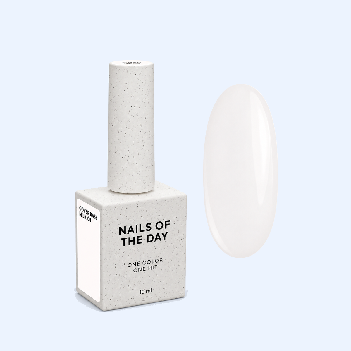 Cover Base Milk 03 Nails Of The Day — frasco fechado de 10 ml e amostra em branco leitoso semitransparente