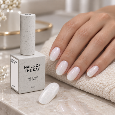 Cover Base Milk 05 Nails Of The Day 10 ml apresentada numa mesa profissional de manicure com unhas em branco leitoso com shimmer rosado