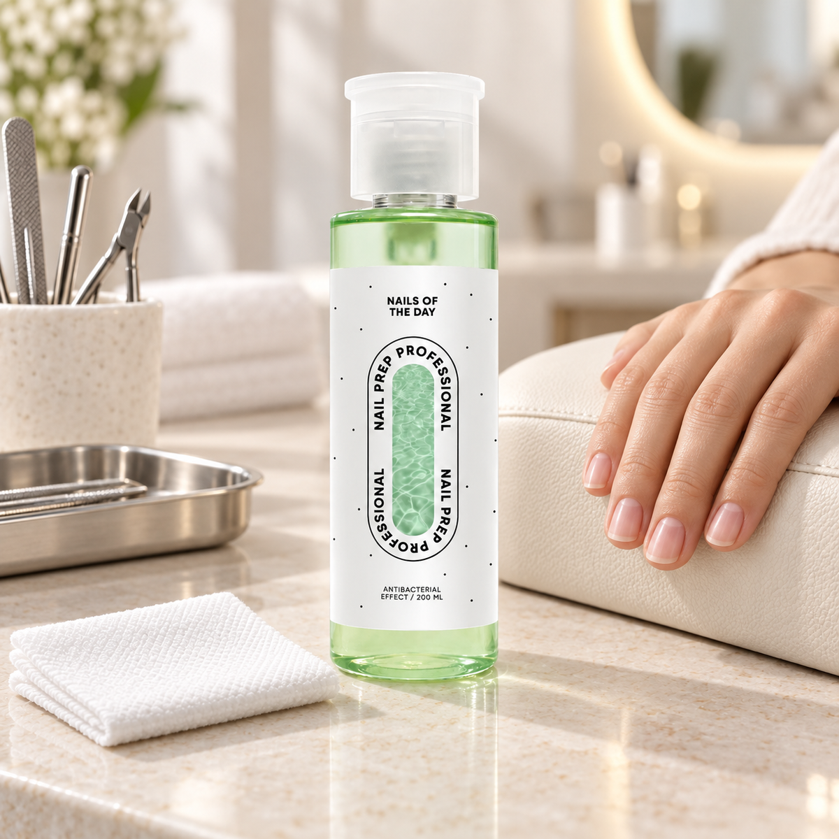 Nail Prep Nails Of The Day junto a unhas naturais num posto de preparação profissional