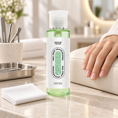 Nail Prep Nails Of The Day junto a unhas naturais num posto de preparação profissional