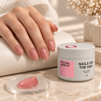 Resultado de manicure com Polygel Nude 05 Nails Of The Day em tom rosa-nude suave