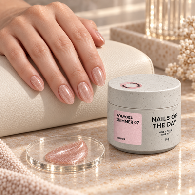 Resultado de manicure com Polygel Shimmer 07 Nails Of The Day em tom champanhe nude com shimmer fino