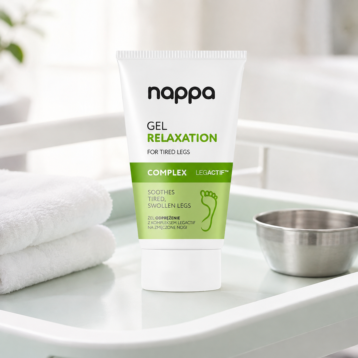 Nappa Legactif gel relaxante para pés 150 ml apresentado em cenário profissional