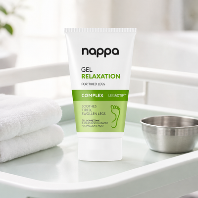 Nappa Legactif gel relaxante para pés 150 ml apresentado em cenário profissional