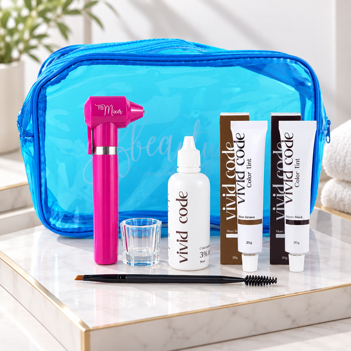 Kit Vivid Code Avançado com bolsa azul e misturador rosa numa estação profissional