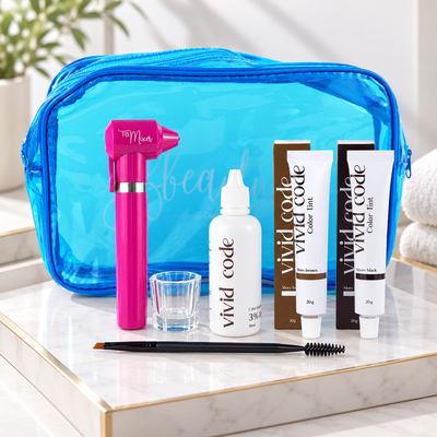 Kit Vivid Code Avançado com bolsa azul e misturador rosa numa estação profissional