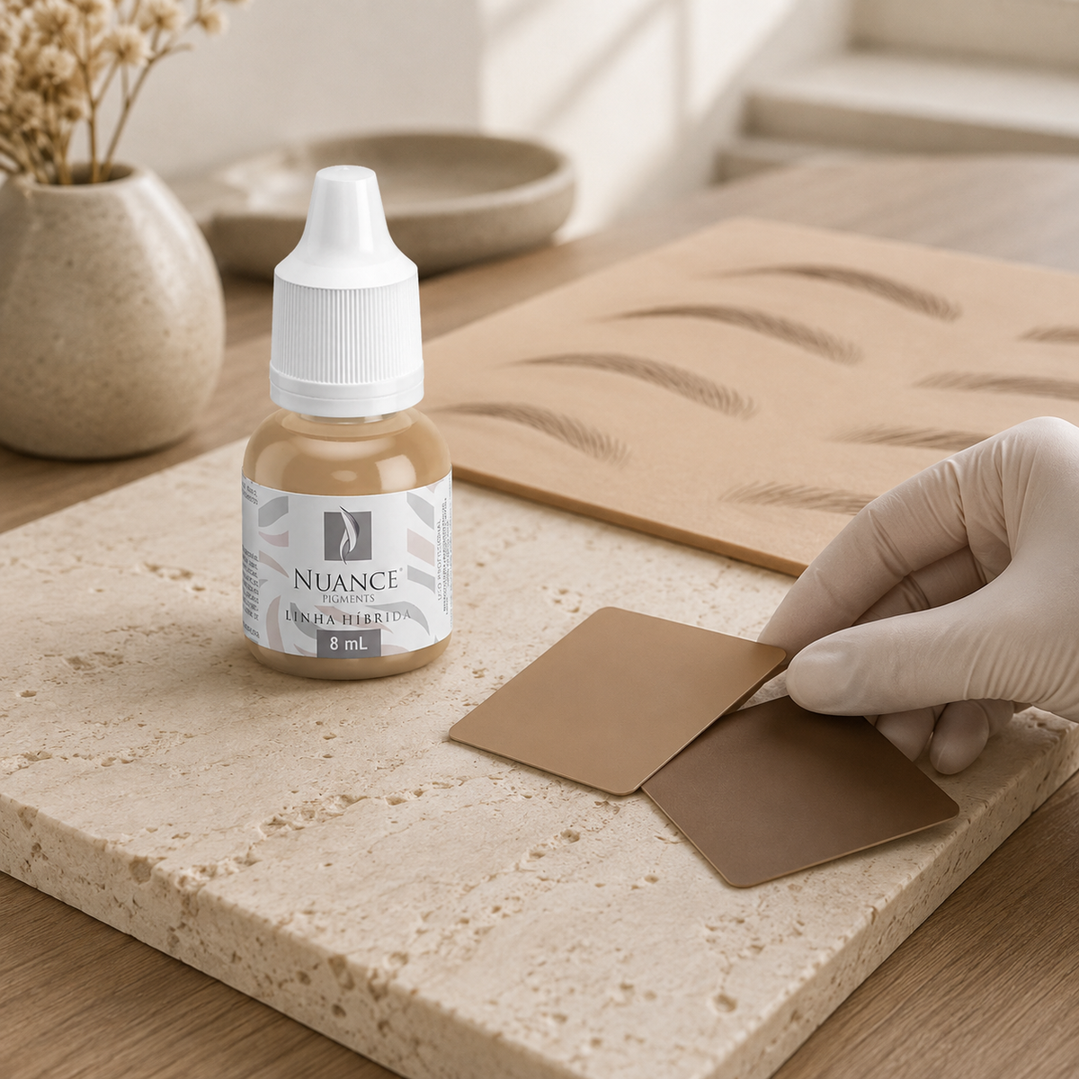 Nuance Pigmento Híbrido Light Brown 8 ml — frasco fechado numa mesa de planeamento cromático para sobrancelhas com amostras; SKU NH53960