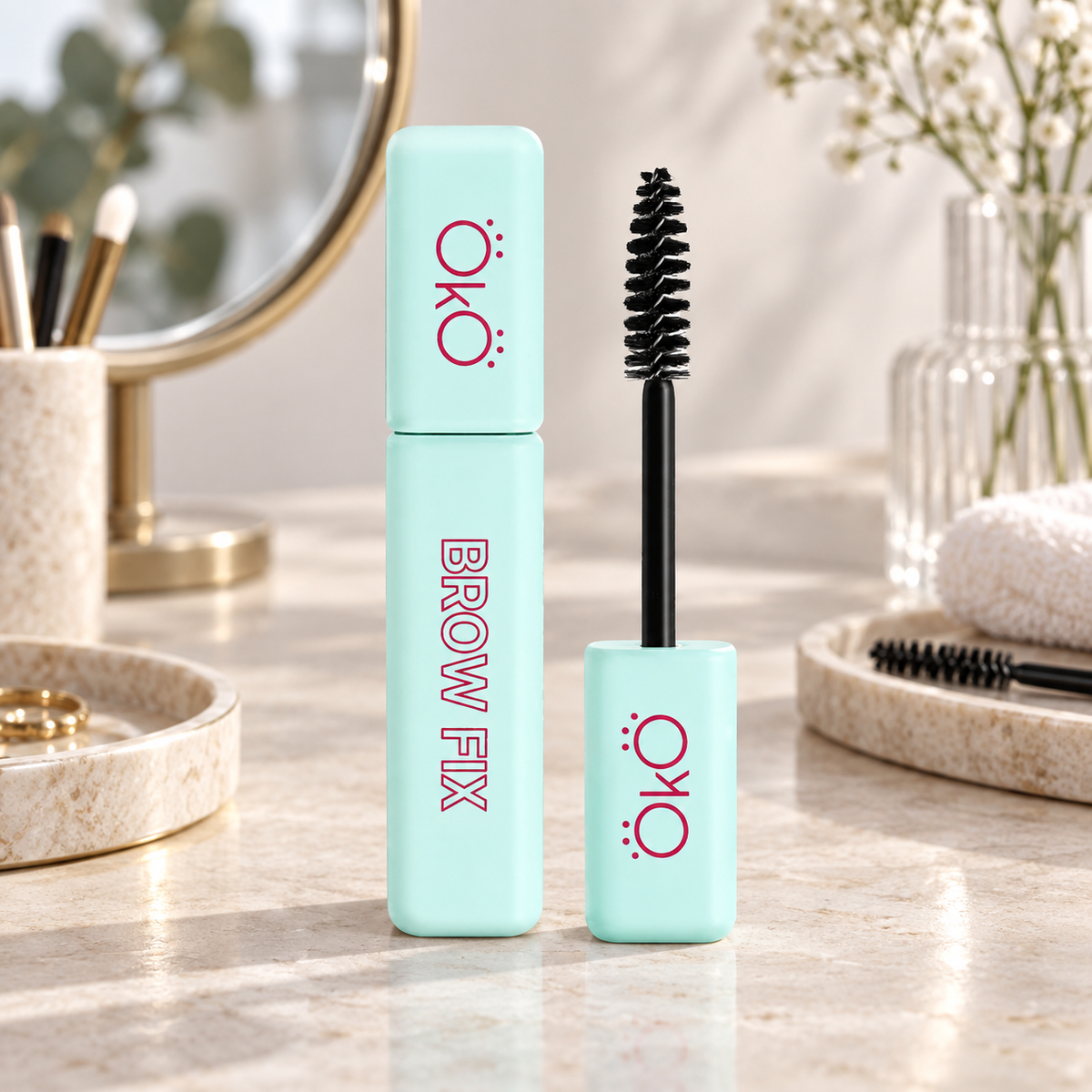 OKO Gel Fixador de Sobrancelhas Brow Fix — frasco aberto com a escova aplicadora