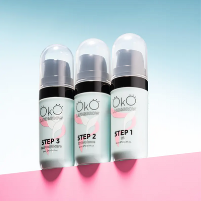 OKO Individuais Lash&Brow 10ml — frascos num ambiente profissional