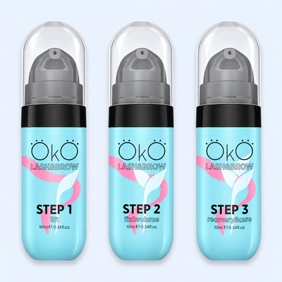 OKO Individuais Lash&Brow 10ml — conjunto dos três passos de laminação em fotografia melhorada para ecommerce