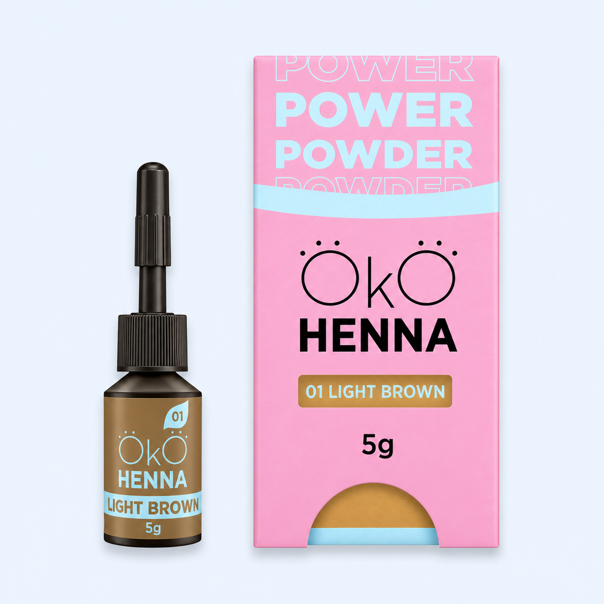 OKO Kit Henna Power Powder — frasco da cor 01 Light Brown em fotografia melhorada para ecommerce