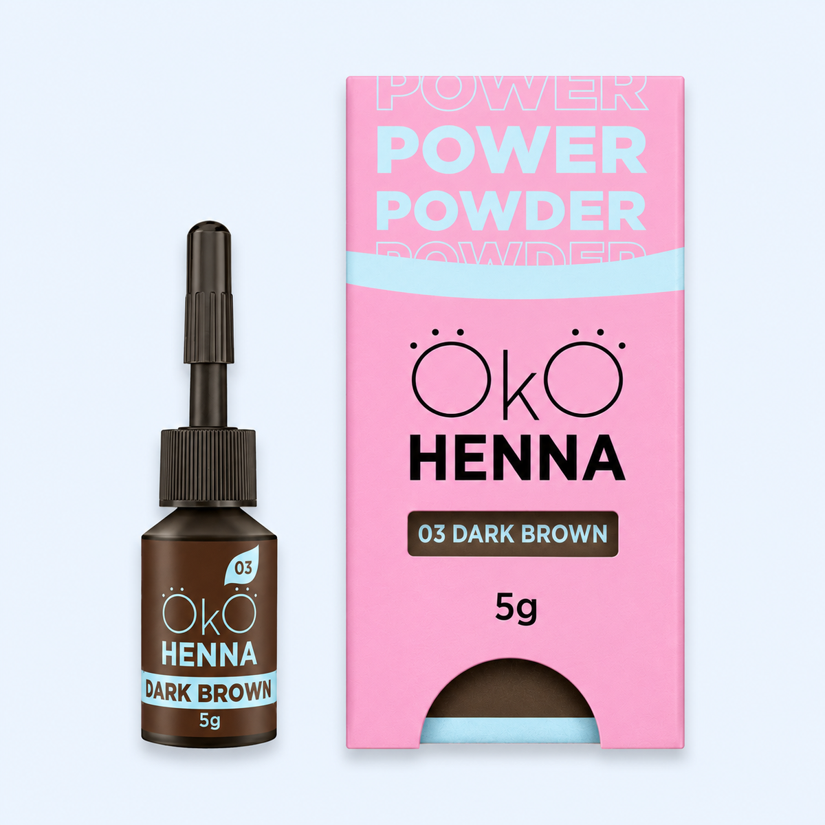 OKO Kit Henna Power Powder — frasco da cor 03 Dark Brown em fotografia melhorada para ecommerce
