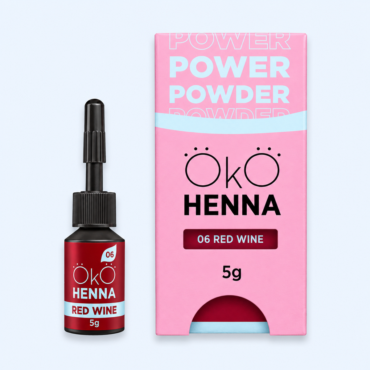 OKO Kit Henna Power Powder — frasco da cor 06 Red Wine em fotografia melhorada para ecommerce