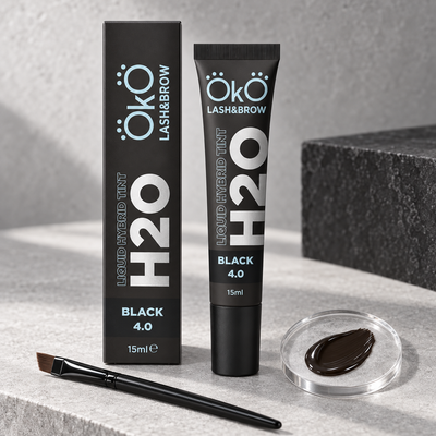 OKO Tinta Líquida Híbrida H2O Black 4.0 — frasco e amostra da cor Black 4.0