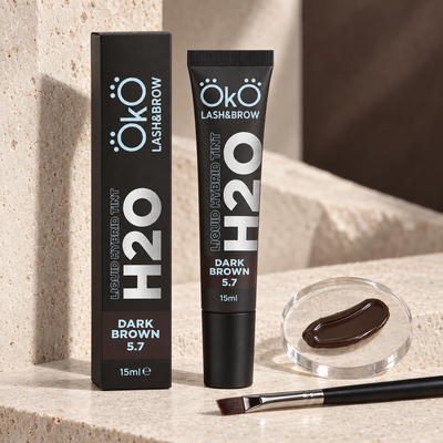 OKO Tinta Líquida Híbrida H2O Dark Brown 5.7 — frasco e amostra da cor Dark Brown 5.7