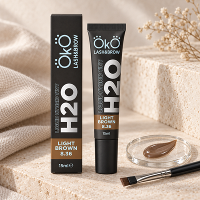 OKO Tinta Líquida Híbrida H2O Light Brown 8.36 — frasco e amostra da cor Light Brown 8.36
