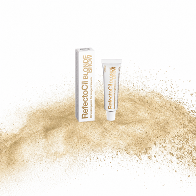 RefectoCil Descolorante de Sobrancelhas Blonde Brow — tubo e caixa apresentados sobre pigmento Blonde Brow numa composição quadrada baseada na fotografia oficial; SKU PROD.60