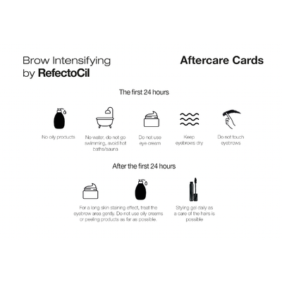 RefectoCil Kit Essentials Mini Intense Browns — guia oficial de cuidados após o serviço Intense Brow[n]s preservado numa tela quadrada branca; SKU 05962