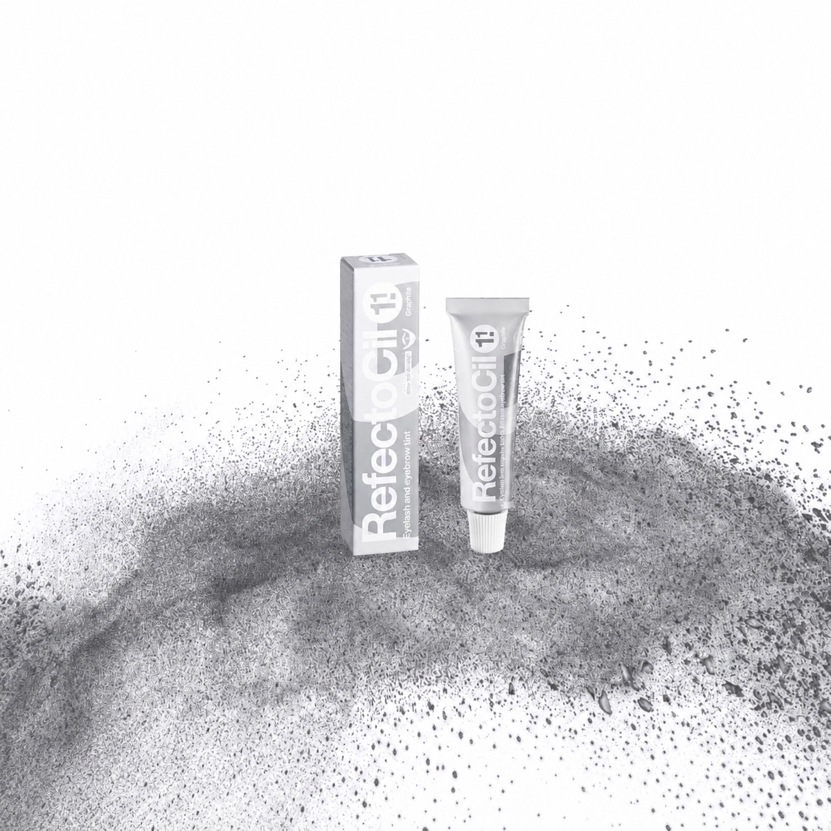 RefectoCil Tinta Nº 1,1 Graphite — tubo e caixa apresentados sobre pigmento grafite numa composição quadrada baseada na fotografia oficial; SKU PROD.2