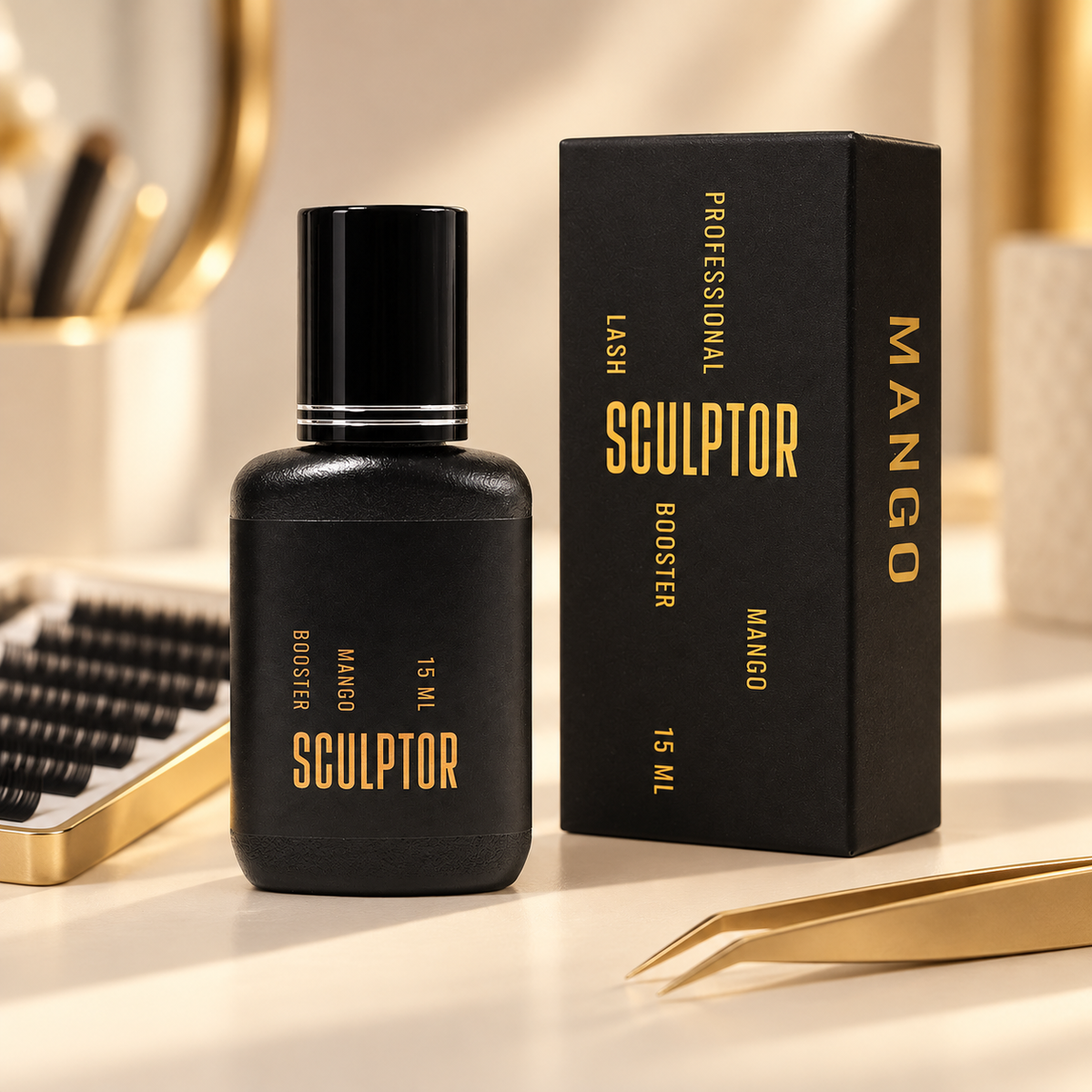 Glue Booster Mango Sculptor de 15 ml e caixa numa estação profissional de pestanas