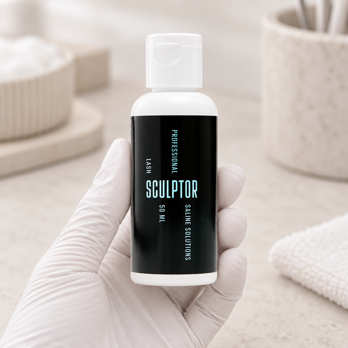 Solução Salina Sculptor de 50 ml apresentada por uma profissional com luva