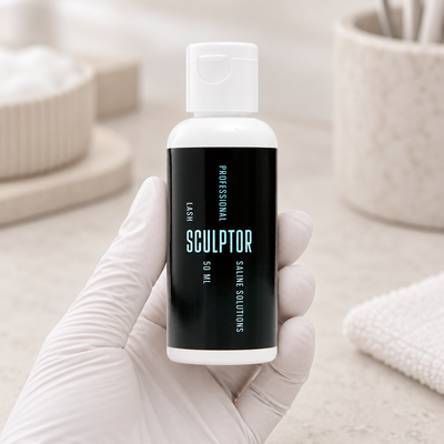 Solução Salina Sculptor de 50 ml apresentada por uma profissional com luva
