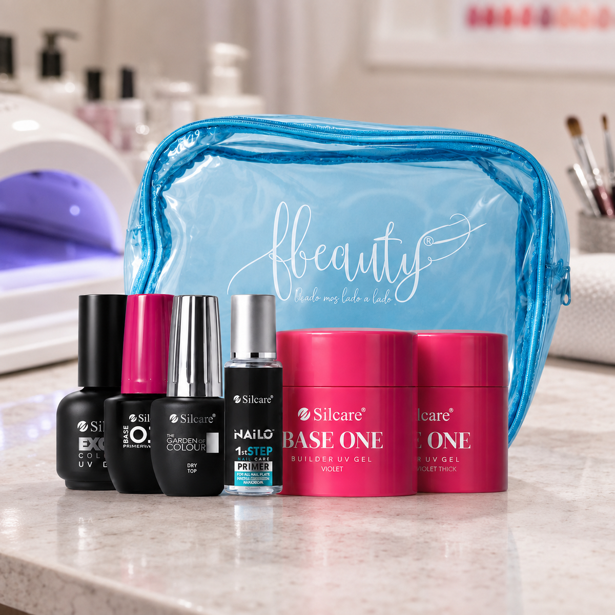 Kit Silcare Duas Densidades apresentado num ambiente profissional de unhas
