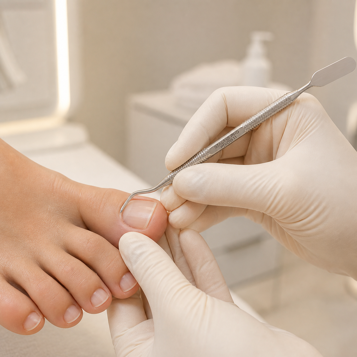 Espátula e Cureta para Podologia PODO 20 TYPE 1 Staleks — em utilização profissional de podologia; SKU PP-20/1