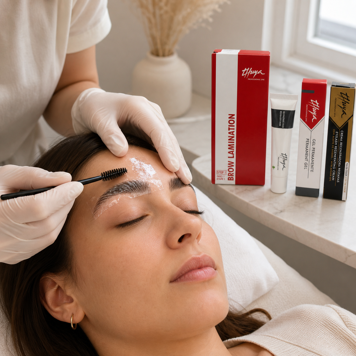 Utilização profissional do Kit Brow Lamination Thuya nas sobrancelhas