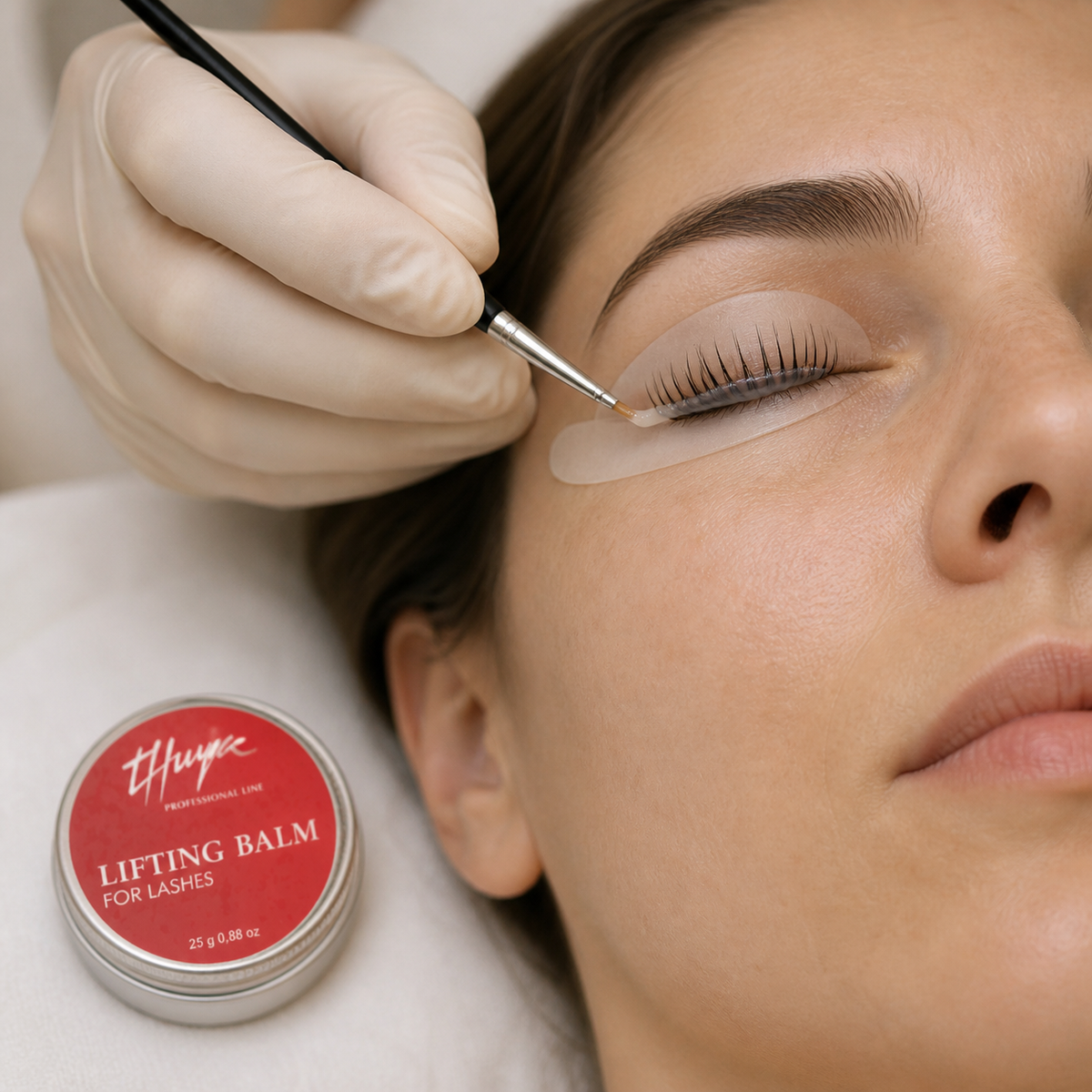 Aplicação profissional do Bálsamo Lifting Balm Thuya nas pestanas